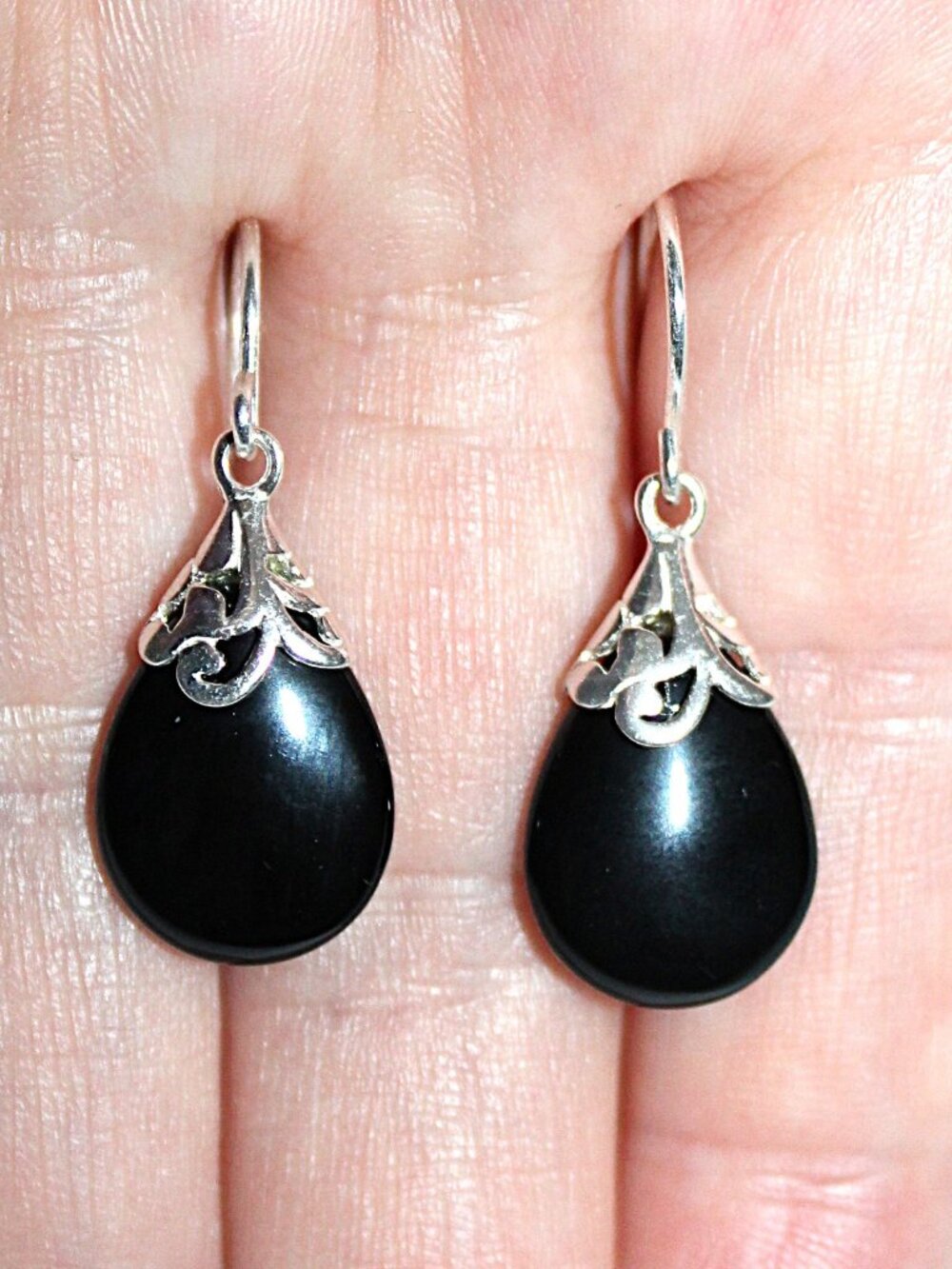 Sterling Silver Black Glass Tear Drop Earrings